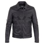 Front view of Leo Black Biker Leather Jacket featuring a classic pointed collar, zipper front, and two zipper pockets with Maker of Jacket brand label.