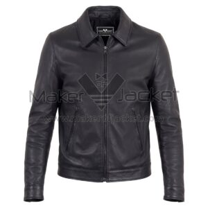 Front view of Leo Black Biker Leather Jacket featuring a classic pointed collar, zipper front, and two zipper pockets with Maker of Jacket brand label.