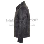 right side view of Leo Black Biker Leather Jacket highlighting the smooth sleeve, pointed collar, and a vertical welt pocket near the waist.