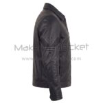 left side view of Leo Black Biker Leather Jacket showing the pointed collar, smooth shoulder construction, and a clean, straight-cut waist hem.