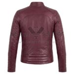 Back view of Maroon Biker Perfecto Leather Jacket featuring panels on the shoulders, sleeves, and lower back, featuring a curved yoke and tailored fit.