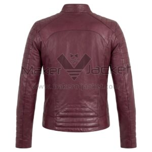 Back view of Maroon Biker Perfecto Leather Jacket featuring panels on the shoulders, sleeves, and lower back, featuring a curved yoke and tailored fit.