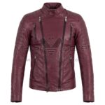 Front view of Maroon Biker Perfecto Leather Jacket featuring dual asymmetrical front zipper, a snap-button band collar, and ribbed detailing on the shoulders and arms with Maker of Jacket brand label.