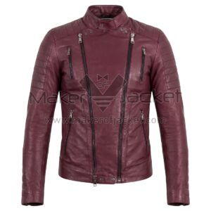Front view of Maroon Biker Perfecto Leather Jacket featuring dual asymmetrical front zipper, a snap-button band collar, and ribbed detailing on the shoulders and arms with Maker of Jacket brand label.