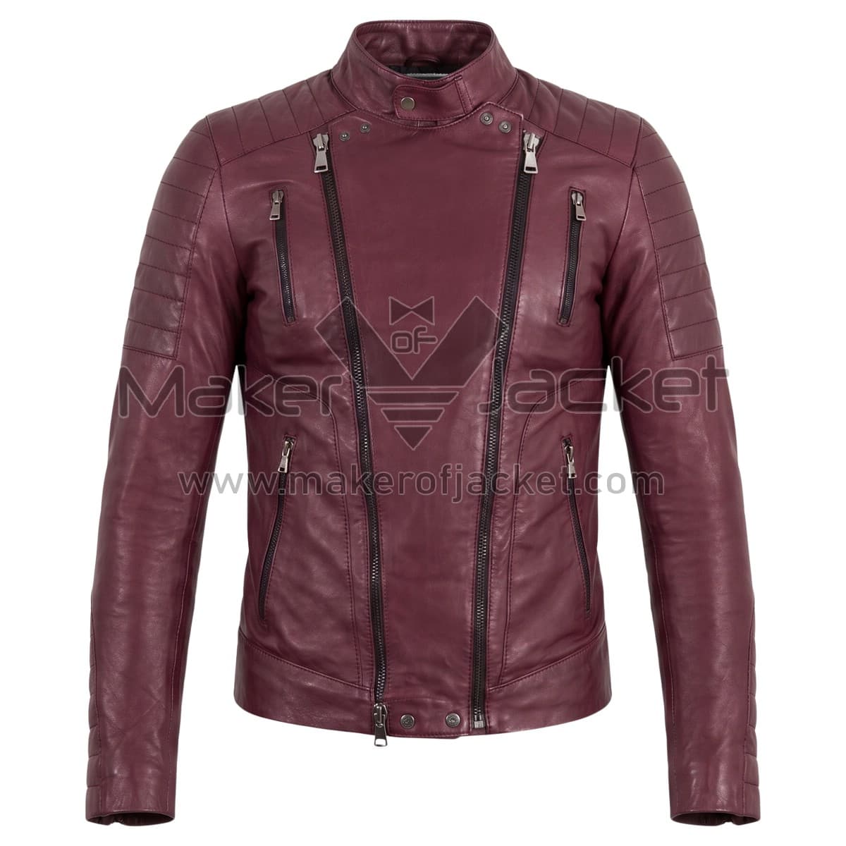 Maroon Biker Perfecto Leather Jacket Front Front view of Maroon Biker Perfecto Leather Jacket featuring dual asymmetrical front zipper, a snap-button band collar, and ribbed detailing on the shoulders and arms with Maker of Jacket brand label.
