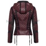 Back view Maroon Quilted Hooded Biker Leather Jacket featuring diamond-quilted panels and lace-up corset detailing on the back.