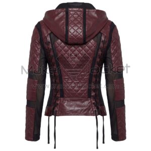 Back view Maroon Quilted Hooded Biker Leather Jacket featuring diamond-quilted panels and lace-up corset detailing on the back.