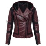Front view of Maroon Quilted Hooded Biker Leather Jacket featuring an asymmetrical zipper and diamond-quilted panels on the body and sleeves with Maker of Jacket brand label.