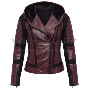 Front view of Maroon Quilted Hooded Biker Leather Jacket featuring an asymmetrical zipper and diamond-quilted panels on the body and sleeves with Maker of Jacket brand label.