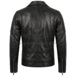 Back view of Premium Black Biker Leather Jacket featuring padded shoulders panels, zippered cuffs, and a curved lower back seam, on a white background.