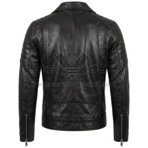 Back view of Premium Black Biker Leather Jacket featuring padded shoulders panels, zippered cuffs, and a curved lower back seam, on a white background.