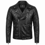 Front view of Premium Black Biker Leather Jacket featuring asymmetrical zippers, wide notched lapels, and padded shoulders with Maker Of Jacket brand label