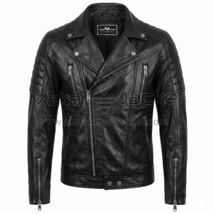 Front view of Premium Black Biker Leather Jacket featuring asymmetrical zippers, wide notched lapels, and padded shoulders with Maker Of Jacket brand label