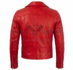 Back view of Red Belted Cafe Racer Biker Leather Jacket featuring a notched collar, a horizontal shoulder yoke, and long zippers on the back of each sleeve cuff.