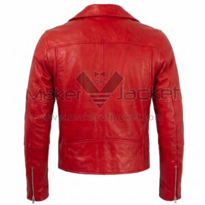Back view of Red Belted Cafe Racer Biker Leather Jacket featuring a notched collar, a horizontal shoulder yoke, and long zippers on the back of each sleeve cuff.