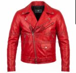 Front view of Red Belted Cafe Racer Biker Leather Jacket featuring an asymmetrical zipper, snap-button lapels, multiple zippered pockets, and a buckled waist belt with Maker of Jacket brand label.