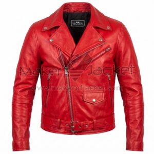 Front view of Red Belted Cafe Racer Biker Leather Jacket featuring an asymmetrical zipper, snap-button lapels, multiple zippered pockets, and a buckled waist belt with Maker of Jacket brand label.