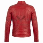 Back view of Red Biker Perfecto Leather Jacket featuring panels on the shoulders, sleeves, and lower back, featuring a curved yoke and tailored fit.
