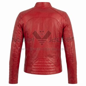 Back view of Red Biker Perfecto Leather Jacket featuring panels on the shoulders, sleeves, and lower back, featuring a curved yoke and tailored fit.
