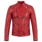 Front view of Red Biker Perfecto Leather Jacket featuring asymmetrical front zipper, a snap-button band collar, and ribbed detailing on the shoulders and arms with Maker of Jacket brand label.