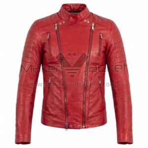 Front view of Red Biker Perfecto Leather Jacket featuring asymmetrical front zipper, a snap-button band collar, and ribbed detailing on the shoulders and arms with Maker of Jacket brand label.
