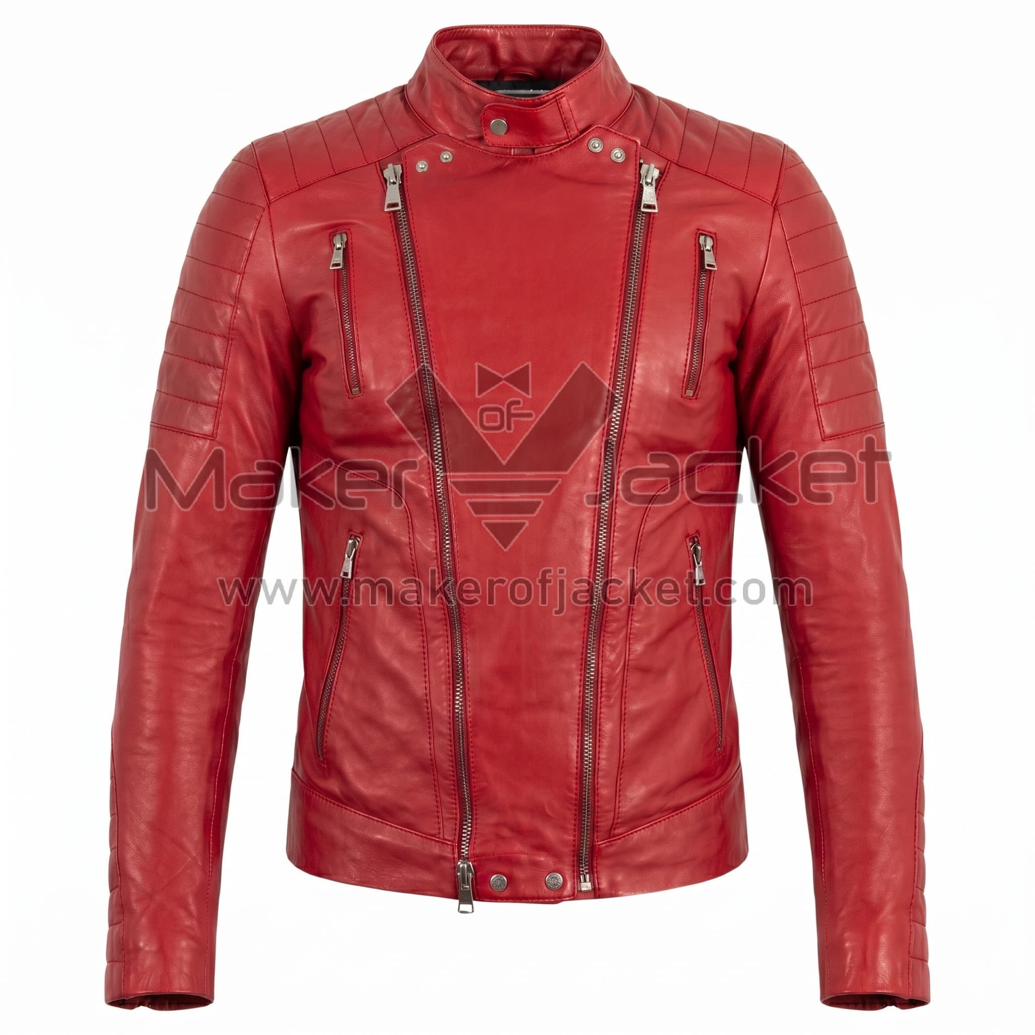 Red Biker Perfecto Leather Jacket Front Front view of Red Biker Perfecto Leather Jacket featuring asymmetrical front zipper, a snap-button band collar, and ribbed detailing on the shoulders and arms with Maker of Jacket brand label.