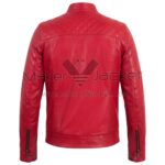 Back view of Red Quilted Cafe Racer Biker Leather Jacket featuring a diamond-quilted shoulder yoke, vertical tailored seams, and zippered cuffs on the sleeves.