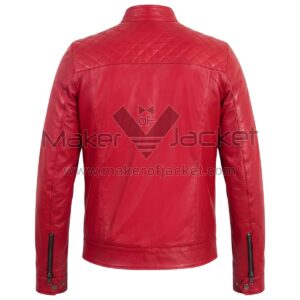 Back view of Red Quilted Cafe Racer Biker Leather Jacket featuring a diamond-quilted shoulder yoke, vertical tailored seams, and zippered cuffs on the sleeves.