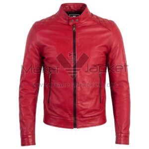 Front view of Red Quilted Cafe Racer Biker Leather Jacket featuring diamond-quilted shoulders, a snap-button band collar, and zippered waist pockets with Maker of Jacket brand label.