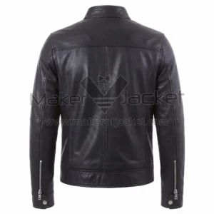 Back view of Vintage Black Cafe Racer Biker Leather Jacket featuring a horizontal shoulder yoke, central vertical seam, and zippered cuffs with snap buttons.