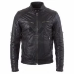Front view of Vintage Black Cafe Racer Biker Leather Jacket featuring a band collar with a snap button, four zippered front pockets, and zip closure.