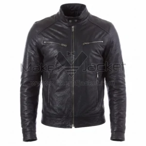 Front view of Vintage Black Cafe Racer Biker Leather Jacket featuring a band collar with a snap button, four zippered front pockets, and zip closure.