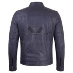 Back view of Vintage Blue Cafe Racer Biker Leather Jacket featuring a band collar, horizontal shoulder yoke, vertical seams, and zippered cuffs.