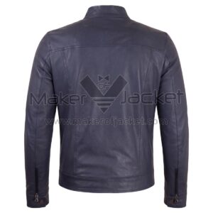 Back view of Vintage Blue Cafe Racer Biker Leather Jacket featuring a band collar, horizontal shoulder yoke, vertical seams, and zippered cuffs.