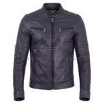 Front view of Vintage Blue Cafe Racer Biker Leather Jacket featuring a snap-button band collar, full-length front zipper, and four zippered pockets with Maker of Jacket brand label.