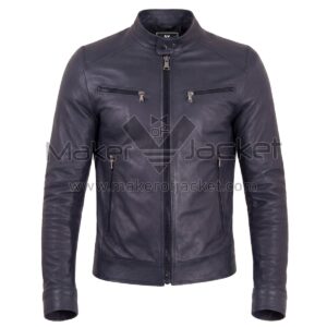 Front view of Vintage Blue Cafe Racer Biker Leather Jacket featuring a snap-button band collar, full-length front zipper, and four zippered pockets with Maker of Jacket brand label.