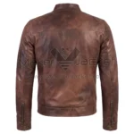 Back view of Vintage Brown Cafe Racer Biker Leather Jacket featuring a horizontal shoulder yoke, central vertical seam, and zippered cuffs with snap buttons.