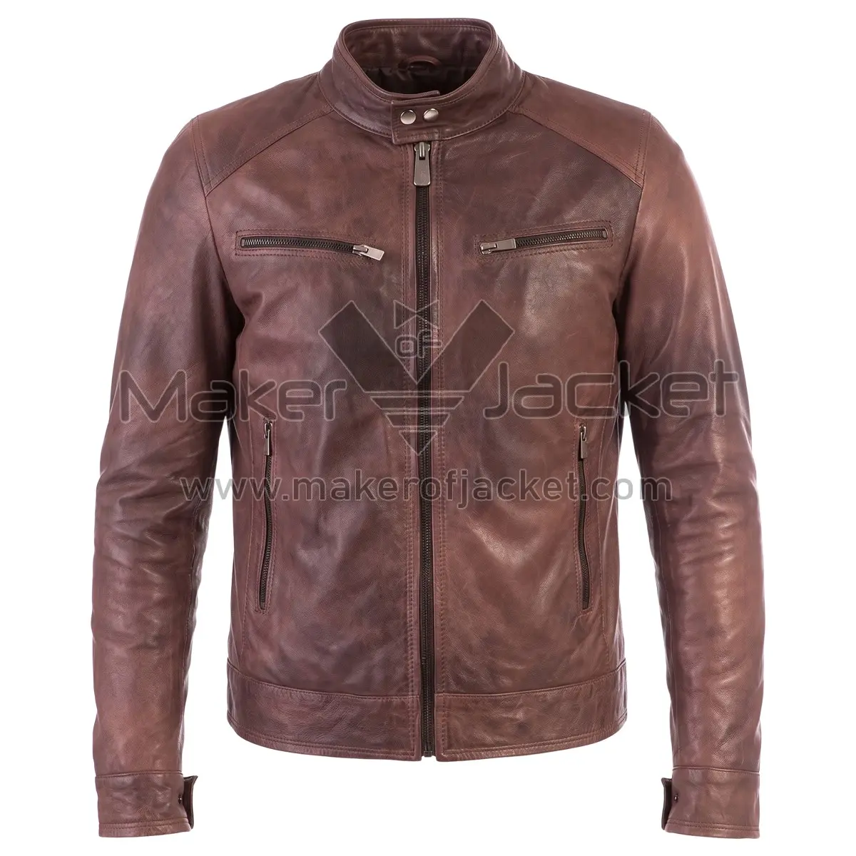 Vintage Brown Cafe Racer Biker Leather Jacket Front Front view of Vintage Brown Cafe Racer Biker Leather Jacket featuring a band collar with a snap button, four zippered front pockets, and zip closure.