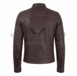 Back view of Vintage Dark Brown Cafe Racer Biker Leather Jacket featuring a band collar, horizontal shoulder yoke, vertical seams, and zippered cuffs.