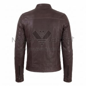 Back view of Vintage Dark Brown Cafe Racer Biker Leather Jacket featuring a band collar, horizontal shoulder yoke, vertical seams, and zippered cuffs.