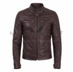 Front view of Vintage Dark Brown Cafe Racer Biker Leather Jacket featuring a snap-button band collar, full-length front zipper, and four zippered pockets with Maker of Jacket brand label.