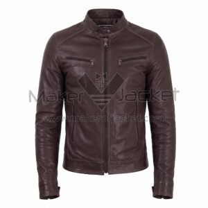Front view of Vintage Dark Brown Cafe Racer Biker Leather Jacket featuring a snap-button band collar, full-length front zipper, and four zippered pockets with Maker of Jacket brand label.