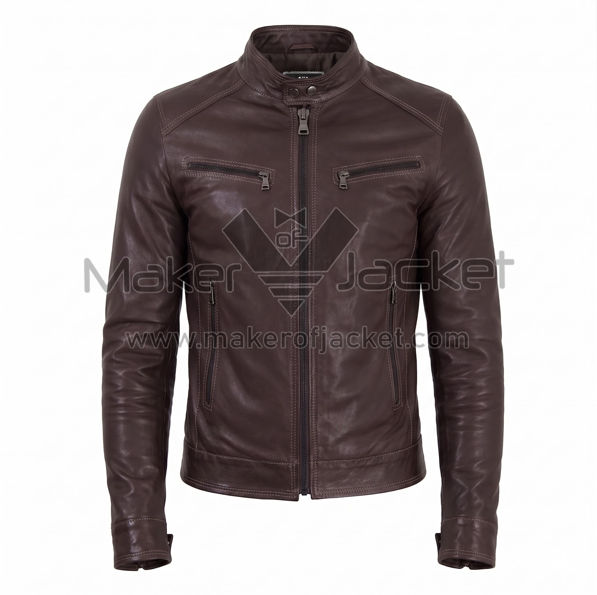 Vintage Dark Brown Cafe Racer Biker Leather Jacket Front Front view of Vintage Dark Brown Cafe Racer Biker Leather Jacket featuring a snap-button band collar, full-length front zipper, and four zippered pockets with Maker of Jacket brand label.