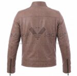 Back view of Vintage Dusty Brown Cafe Racer Biker Leather Jacket featuring a band collar, horizontal shoulder yoke, vertical seams, and zippered cuffs.