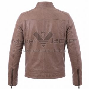 Back view of Vintage Dusty Brown Cafe Racer Biker Leather Jacket featuring a band collar, horizontal shoulder yoke, vertical seams, and zippered cuffs.