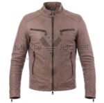 Front view of Vintage Dusty Brown Cafe Racer Biker Leather Jacket featuring a snap-button band collar, full-length front zipper, and four zippered pockets with Maker of Jacket brand label.