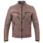 Front view of Vintage Dusty Brown Cafe Racer Biker Leather Jacket featuring a snap-button band collar, full-length front zipper, and four zippered pockets with Maker of Jacket brand label.