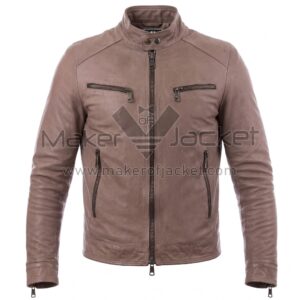 Front view of Vintage Dusty Brown Cafe Racer Biker Leather Jacket featuring a snap-button band collar, full-length front zipper, and four zippered pockets with Maker of Jacket brand label.