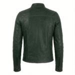 Back view of Vintage Green Cafe Racer Biker Leather Jacket featuring a band collar, horizontal shoulder yoke, vertical seams, and zippered cuffs.