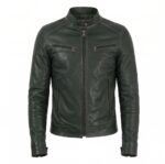 Front view of Vintage Vintage Green Cafe Racer Biker Leather Jacket featuring a snap-button band collar, full-length front zipper, and four zippered pockets with Maker of Jacket brand label.